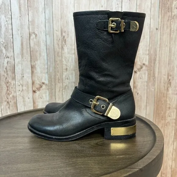 Vince Camuto Womens Winchell Black Leather Gold Moto Boots Buckle Zip 7.5M