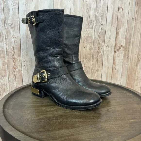 Vince Camuto Womens Winchell Black Leather Gold Moto Boots Buckle Zip 7.5M
