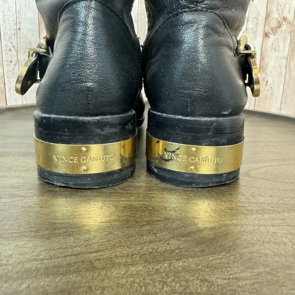 Vince Camuto Womens Winchell Black Leather Gold Moto Boots Buckle Zip 7.5M