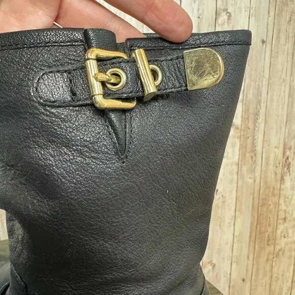 Vince Camuto Womens Winchell Black Leather Gold Moto Boots Buckle Zip 7.5M
