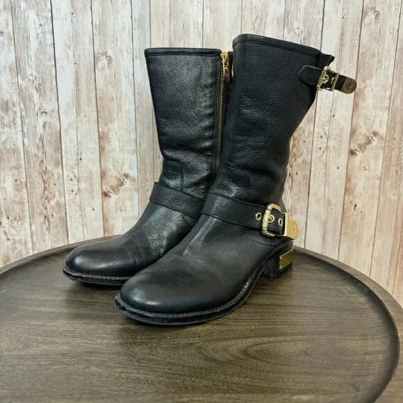 Vince Camuto Womens Winchell Black Leather Gold Moto Boots Buckle Zip 7.5M