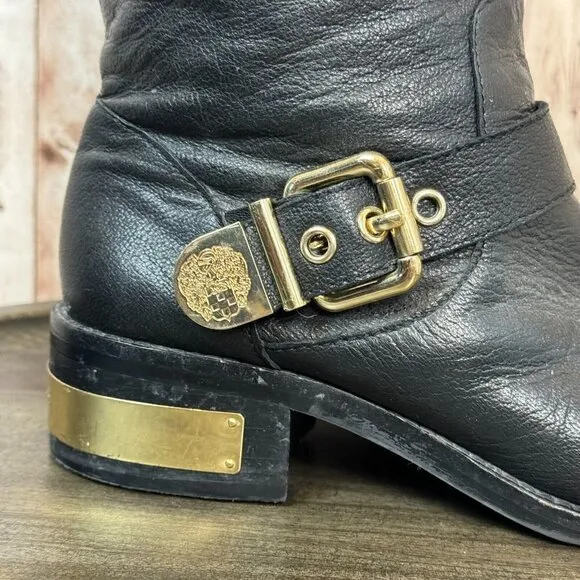 Vince Camuto Womens Winchell Black Leather Gold Moto Boots Buckle Zip 7.5M