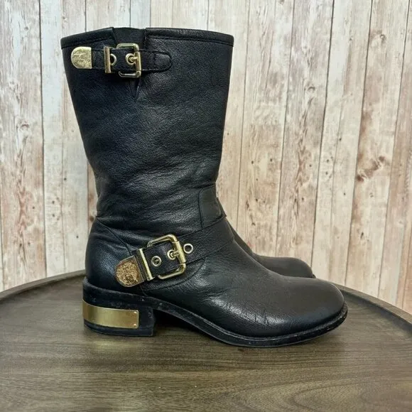 Vince Camuto Womens Winchell Black Leather Gold Moto Boots Buckle Zip 7.5M