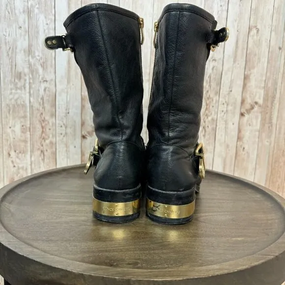 Vince Camuto Womens Winchell Black Leather Gold Moto Boots Buckle Zip 7.5M