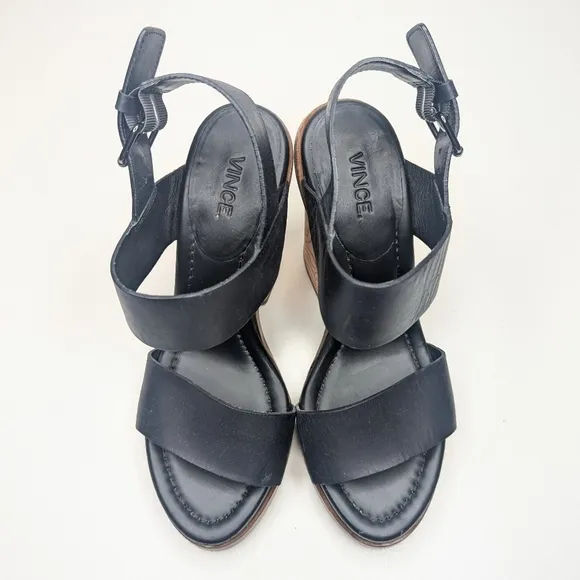 Vince Haley wood block heel sandals black leather ankle buckle strap size 6.5