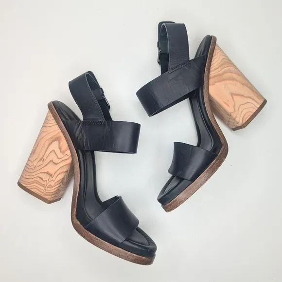 Vince Haley wood block heel sandals black leather ankle buckle strap size 6.5