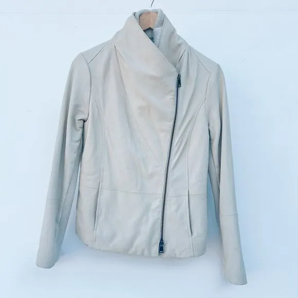 Vince Leather Ribbed Collar Scuba Asymmetrical Moto Biker Jacket Cream Medium