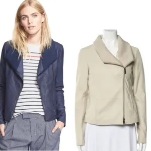 Vince Leather Ribbed Collar Scuba Asymmetrical Moto Biker Jacket Cream Medium