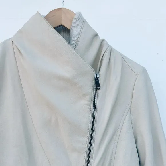 Vince Leather Ribbed Collar Scuba Asymmetrical Moto Biker Jacket Cream Medium