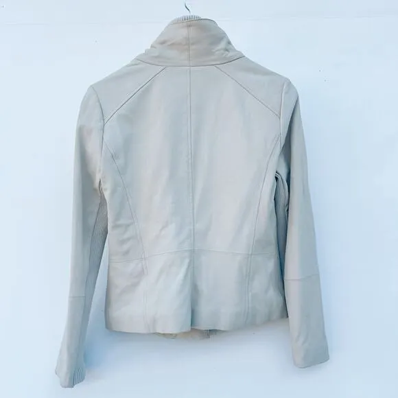 Vince Leather Ribbed Collar Scuba Asymmetrical Moto Biker Jacket Cream Medium
