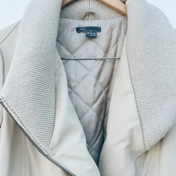 Vince Leather Ribbed Collar Scuba Asymmetrical Moto Biker Jacket Cream Medium