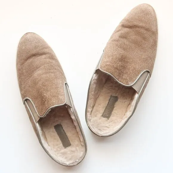 Vince Olive Green Suede Leather Sherpa Lining Mules Slides Slip-on Flat Shoes 9