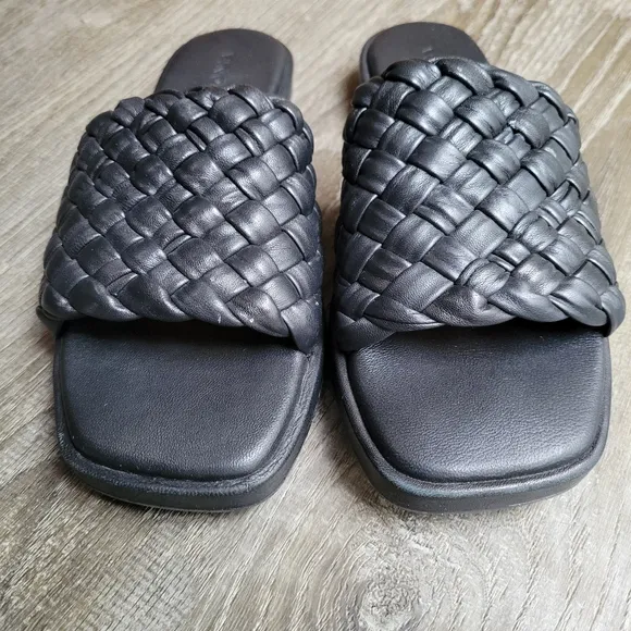 Vince Rumi Leather Woven Braided Open Toe Slip On Flat Sandal Slides
