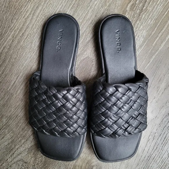 Vince Rumi Leather Woven Braided Open Toe Slip On Flat Sandal Slides