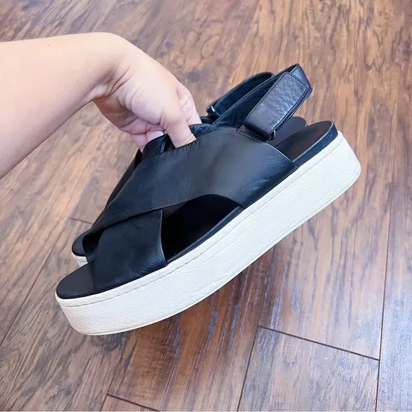 Vince • Weslan Leather Platform Sandals black criss cross straps flatform chunky