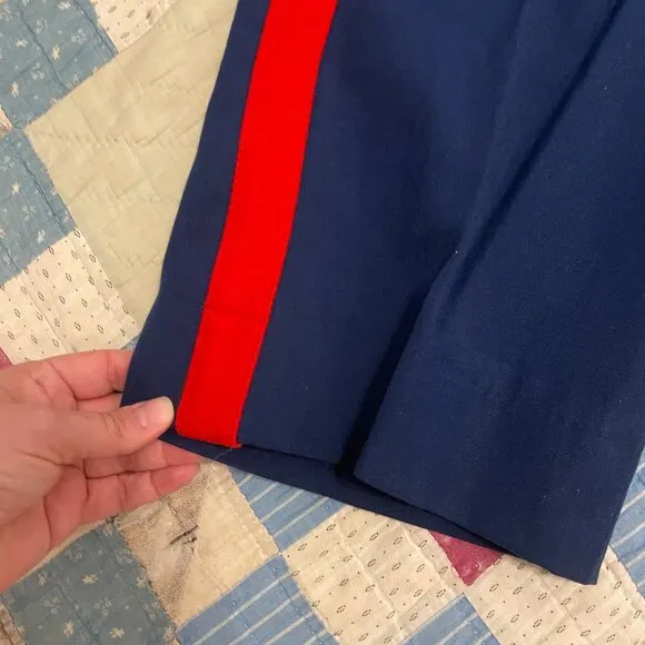 Vintage 1960s 70s USN Military red Stripe Navy Blue Trouser Wool Gabardine 32&quot;