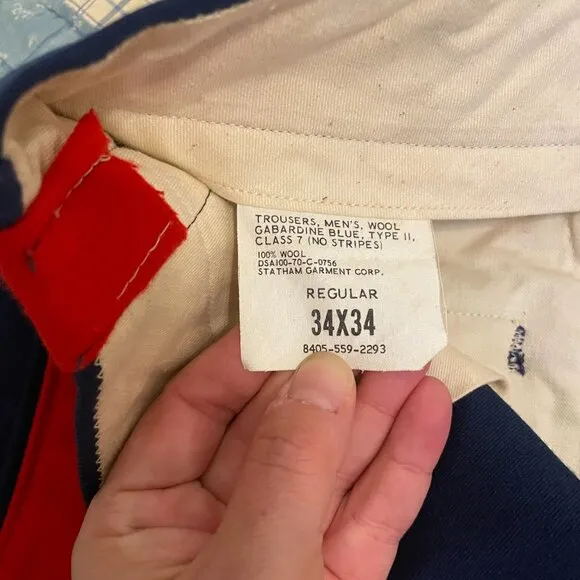 Vintage 1960s 70s USN Military red Stripe Navy Blue Trouser Wool Gabardine 32&quot;
