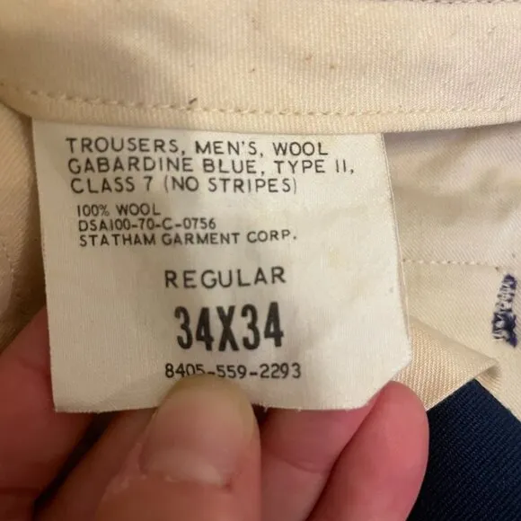 Vintage 1960s 70s USN Military red Stripe Navy Blue Trouser Wool Gabardine 32&quot;
