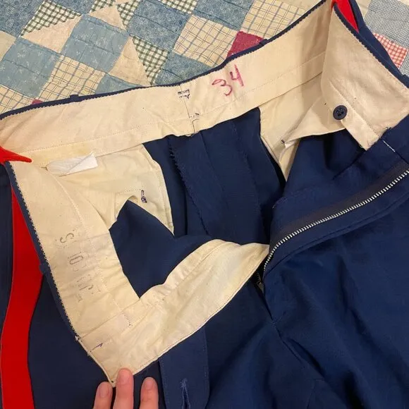 Vintage 1960s 70s USN Military red Stripe Navy Blue Trouser Wool Gabardine 32&quot;