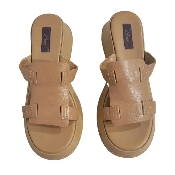 Vintage 1990s Y2K Chunky Platform Tan Wedge Slip On Sandals 10