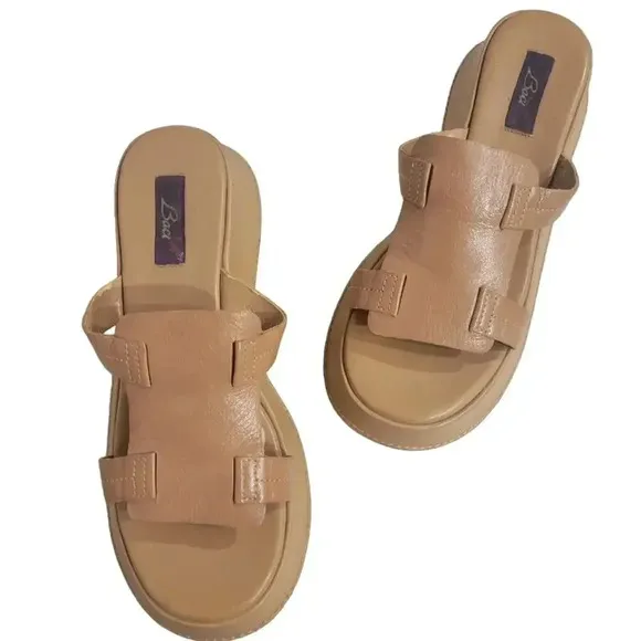 Vintage 1990s Y2K Chunky Platform Tan Wedge Slip On Sandals 10