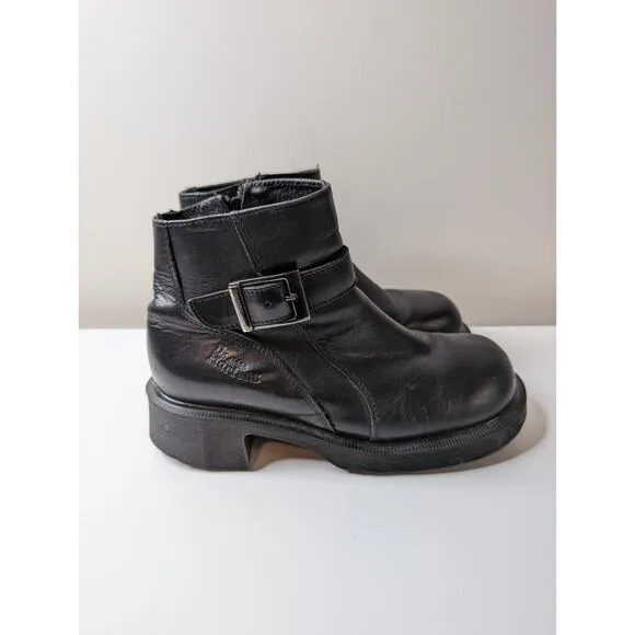 Vintage 90s dr Martens Made in England leather buckle side zip ankle boots Us 7