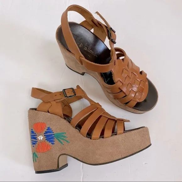 Vintage Chunky Platform Leather Sandals with Flower