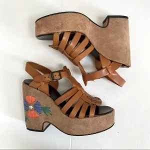 Vintage Chunky Platform Leather Sandals with Flower