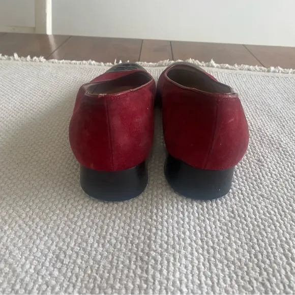 Vintage Ferragamo Dark Red Suede Flats Black Cap Toe Rounded Toe Size 9.5