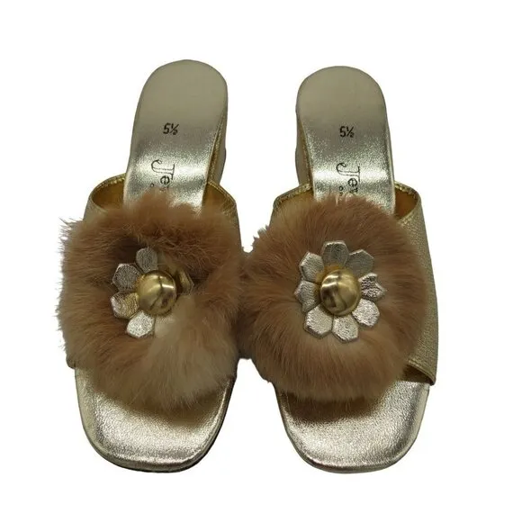 Vintage JEWELTONE 60s Women's Metallic Gold Rabbit Fur Wedge Slippers Size 5.5