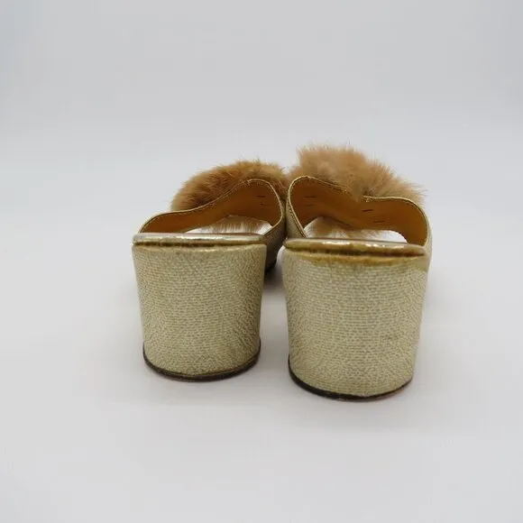 Vintage JEWELTONE 60s Women's Metallic Gold Rabbit Fur Wedge Slippers Size 5.5