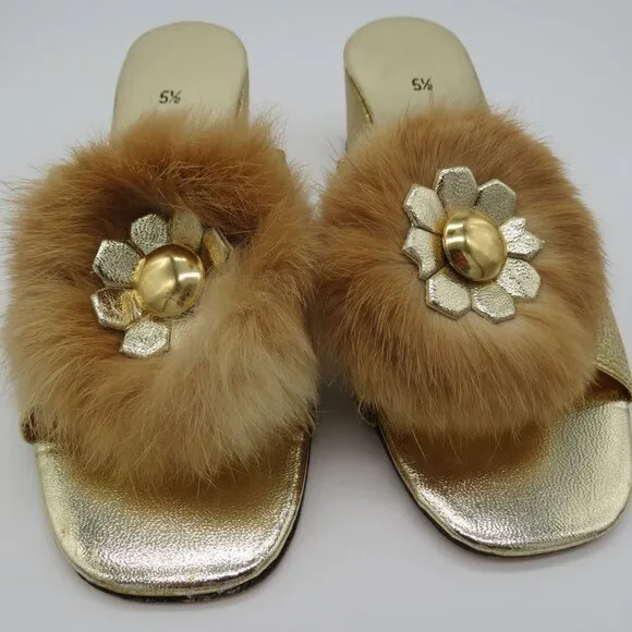 Vintage JEWELTONE 60s Women's Metallic Gold Rabbit Fur Wedge Slippers Size 5.5