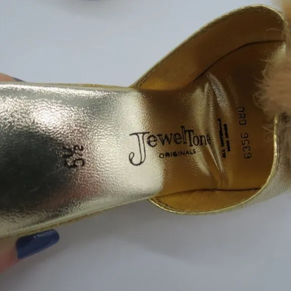 Vintage JEWELTONE 60s Women's Metallic Gold Rabbit Fur Wedge Slippers Size 5.5