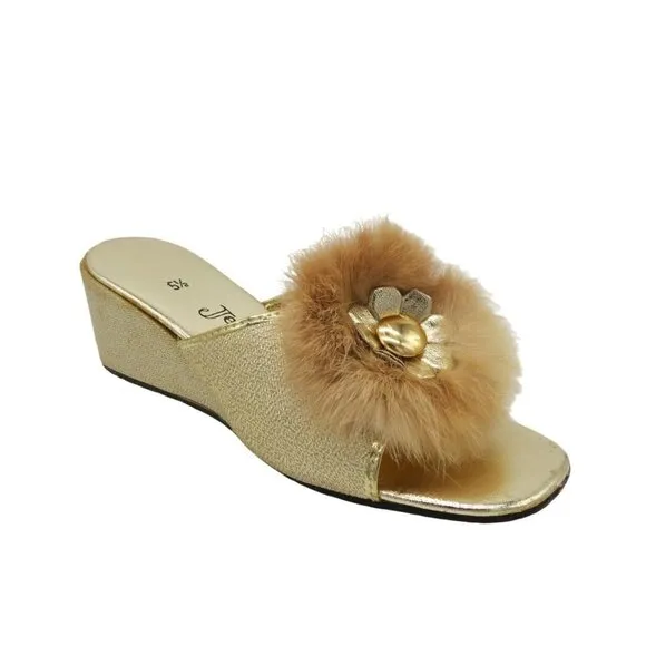 Vintage JEWELTONE 60s Women's Metallic Gold Rabbit Fur Wedge Slippers Size 5.5