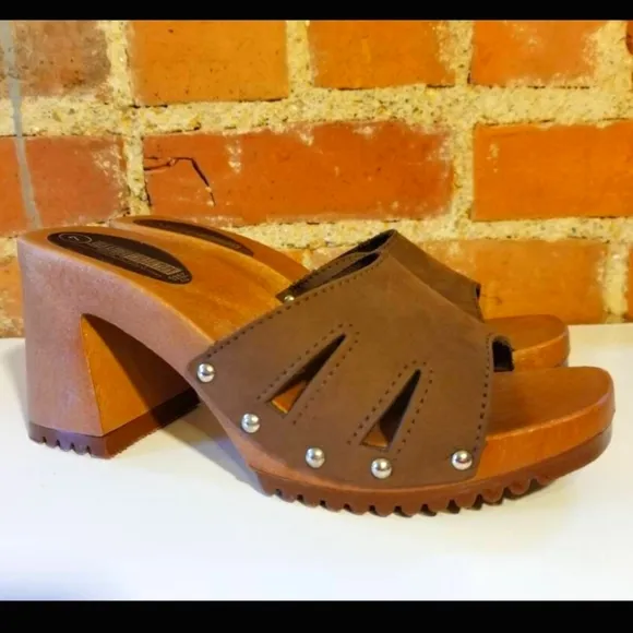 VINTAGE LEATHER SANDALS BROWN CHUNKY HEELS RETRO SUMMER 90S CLUELESS Y2K SEXY 7