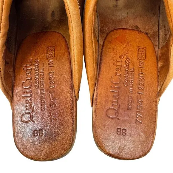 Vintage QualiCraft 8B Clog Mules Slides Brown Leather Wood Brazil Womens