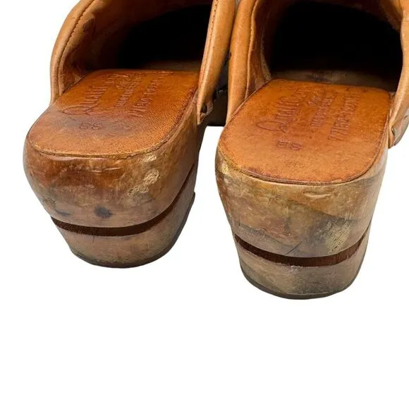 Vintage QualiCraft 8B Clog Mules Slides Brown Leather Wood Brazil Womens