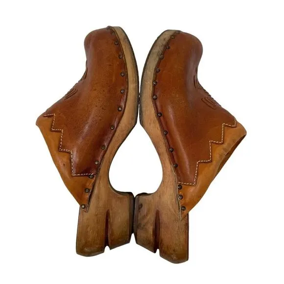 Vintage QualiCraft 8B Clog Mules Slides Brown Leather Wood Brazil Womens
