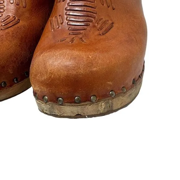 Vintage QualiCraft 8B Clog Mules Slides Brown Leather Wood Brazil Womens