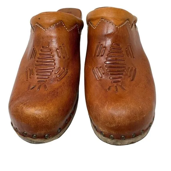Vintage QualiCraft 8B Clog Mules Slides Brown Leather Wood Brazil Womens