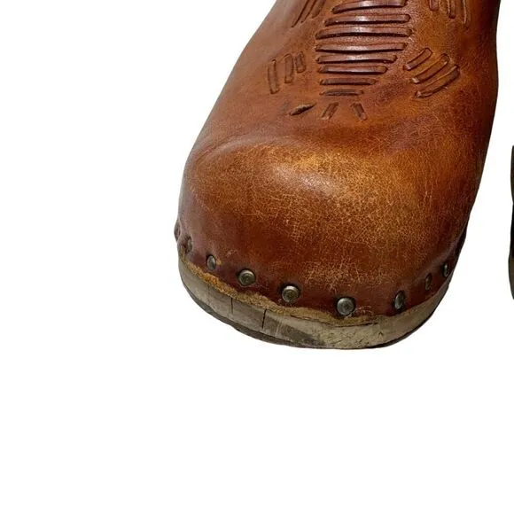 Vintage QualiCraft 8B Clog Mules Slides Brown Leather Wood Brazil Womens
