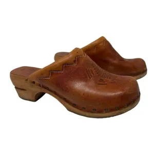 Vintage QualiCraft 8B Clog Mules Slides Brown Leather Wood Brazil Womens