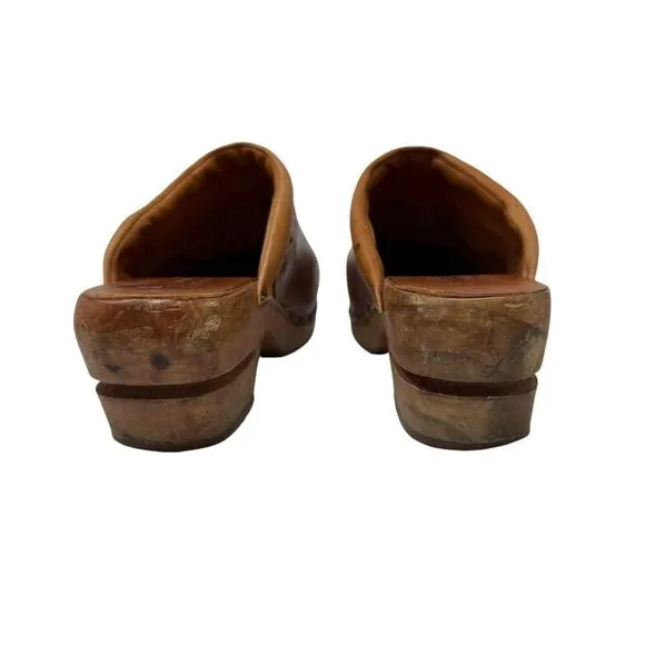 Vintage QualiCraft 8B Clog Mules Slides Brown Leather Wood Brazil Womens