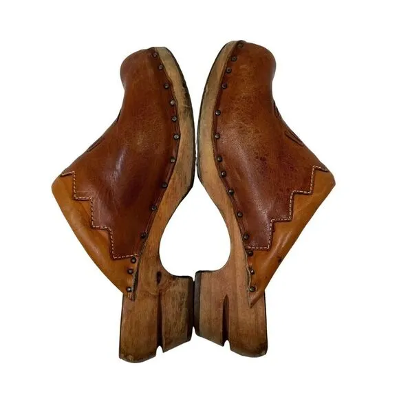 Vintage QualiCraft 8B Clog Mules Slides Brown Leather Wood Brazil Womens