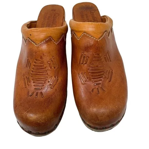 Vintage QualiCraft 8B Clog Mules Slides Brown Leather Wood Brazil Womens