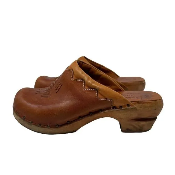 Vintage QualiCraft 8B Clog Mules Slides Brown Leather Wood Brazil Womens