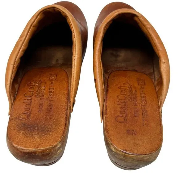 Vintage QualiCraft 8B Clog Mules Slides Brown Leather Wood Brazil Womens