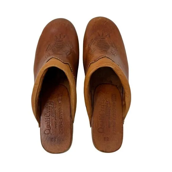 Vintage QualiCraft 8B Clog Mules Slides Brown Leather Wood Brazil Womens
