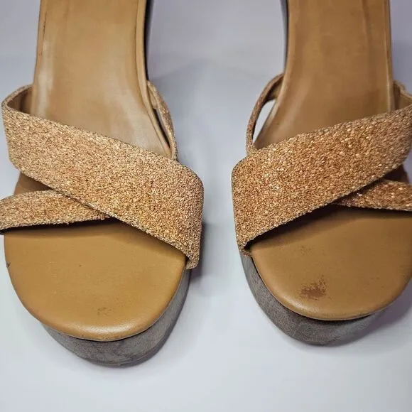 Vintage Schutz Native Wooden Platform '70s Vibe Glitter Cross Front Sandals 7