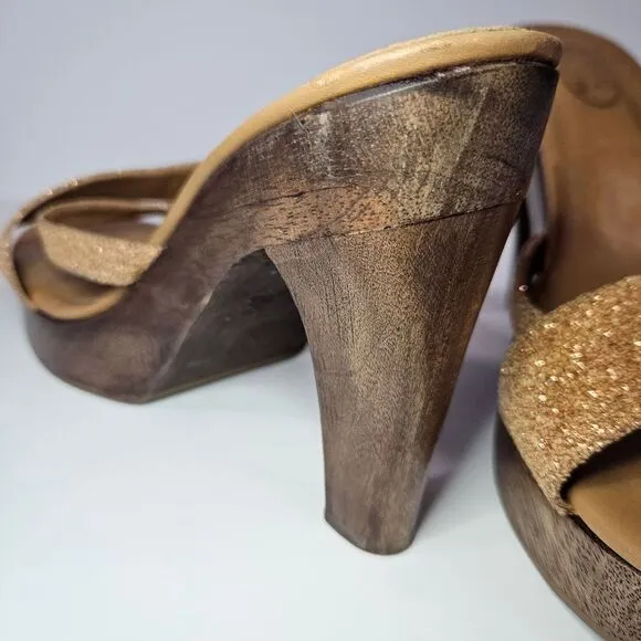 Vintage Schutz Native Wooden Platform '70s Vibe Glitter Cross Front Sandals 7
